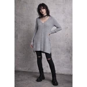 Charlie Paige Tunic Sweater L/XL Gray Frayed Side Boho Lagenlook Grunge